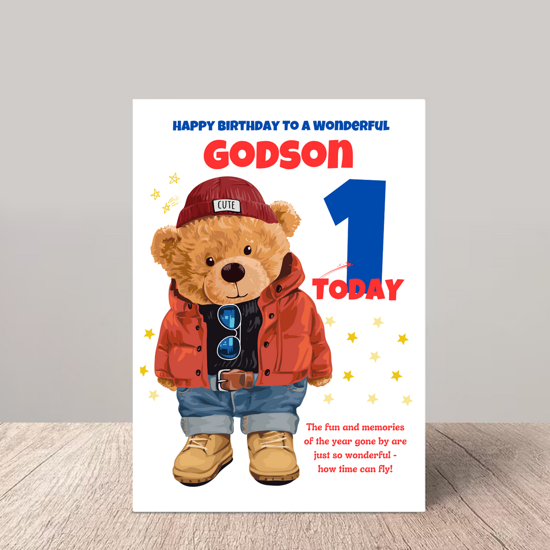 Bear Godson 1st Birthday Card