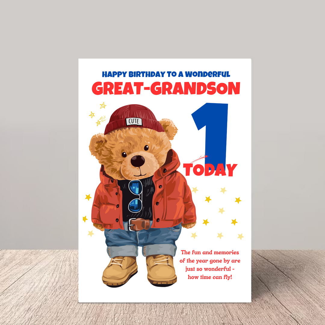 Bear Great-Grandson 1st Birthday Card