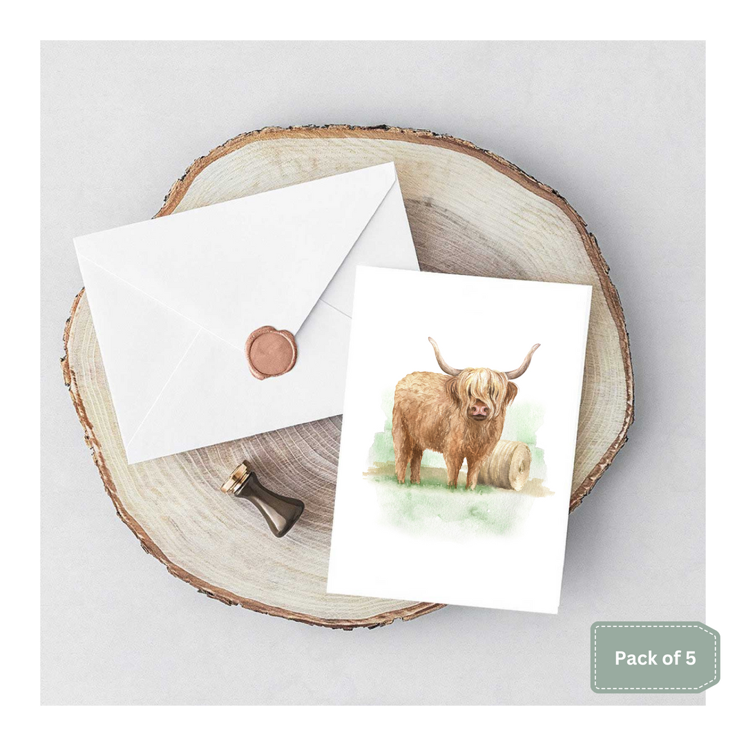 Pack of 5 Highland Cow in Field Notelet Cards