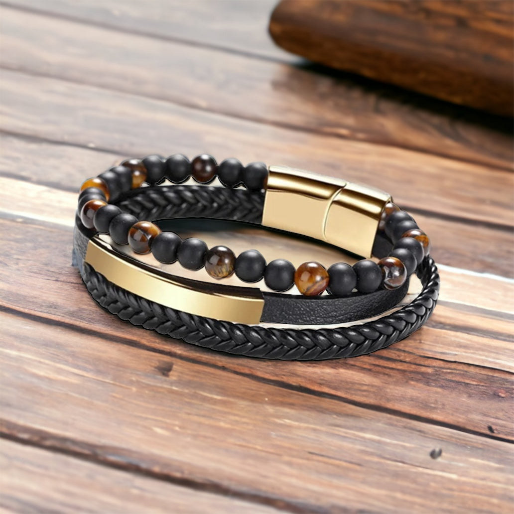 Men's Triple-Layered Black Leather Bracelet with Engravable Bar and Stone Details
