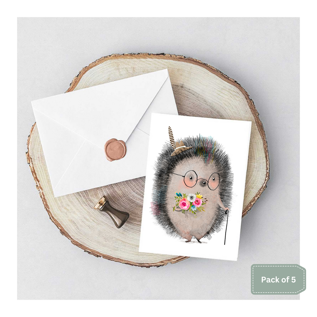 Pack of 5 Hedgehog with Walking Stick Notelet Cards
