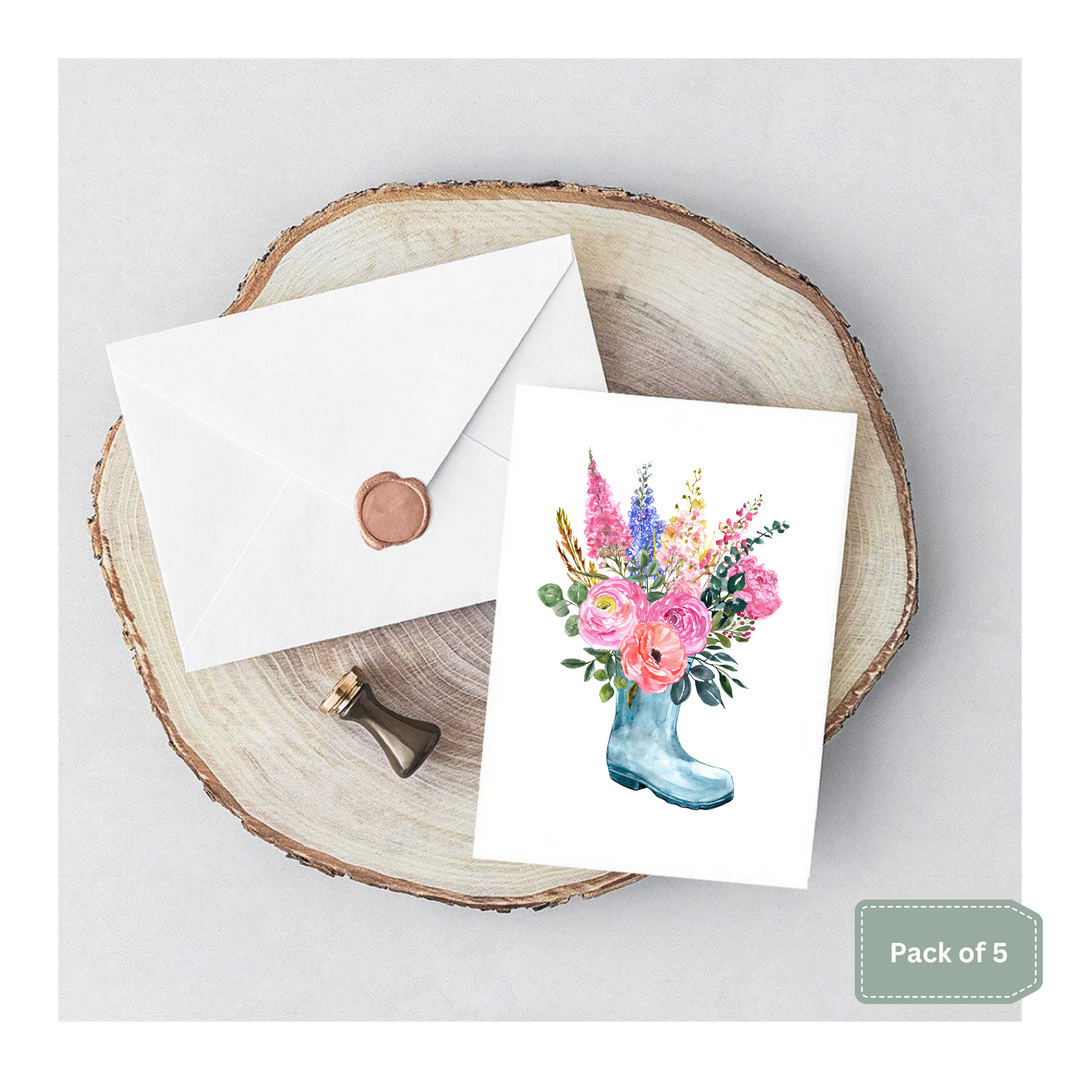 Pack of 5 Floral Wellie Notelet Cards